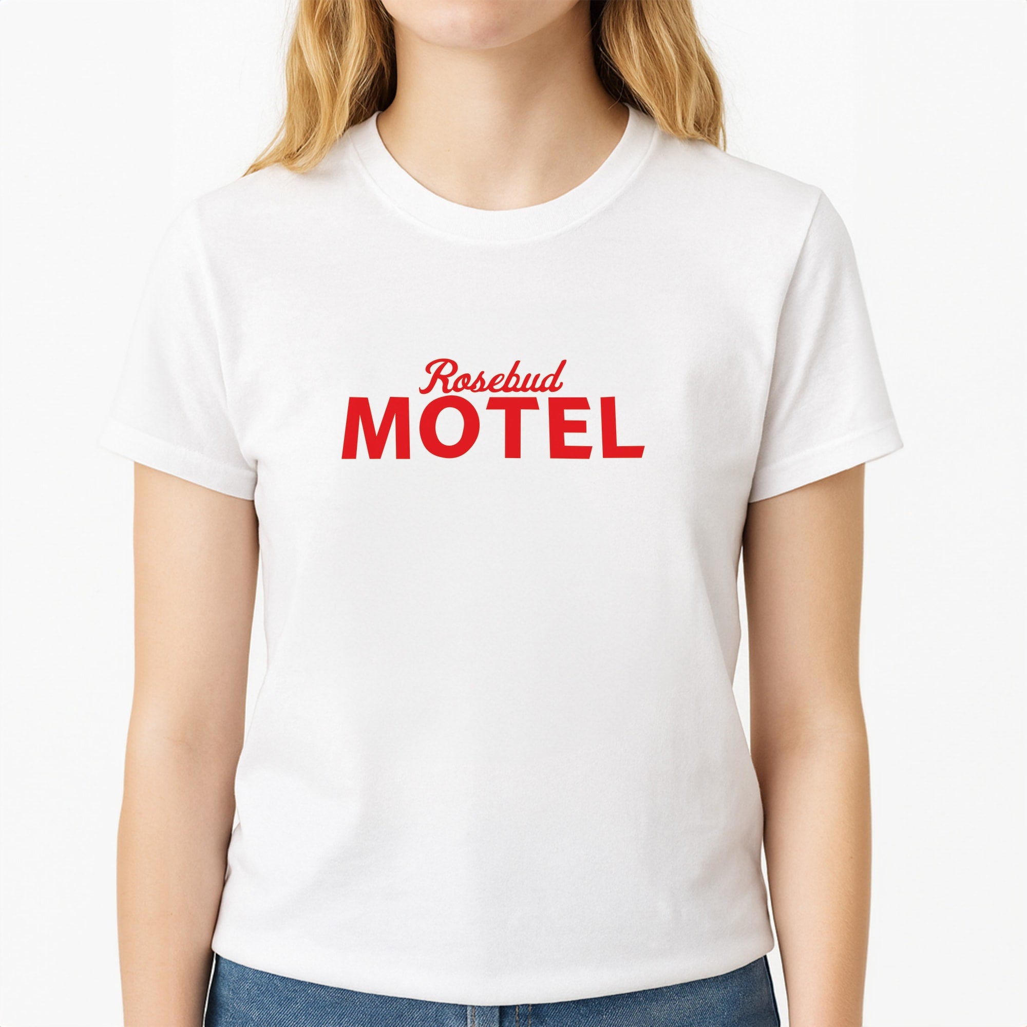 Rosebud Motel Unisex T-Shirt, worn by a female model