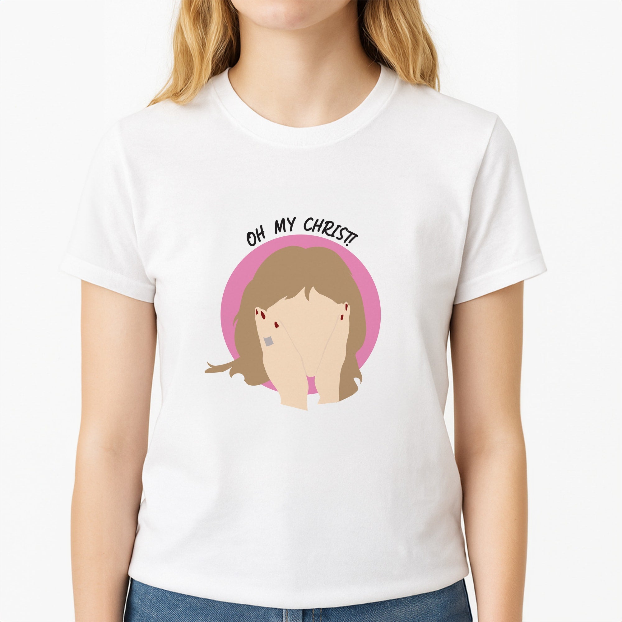 Oh My Christ! Unisex T-Shirt, worn by a female model