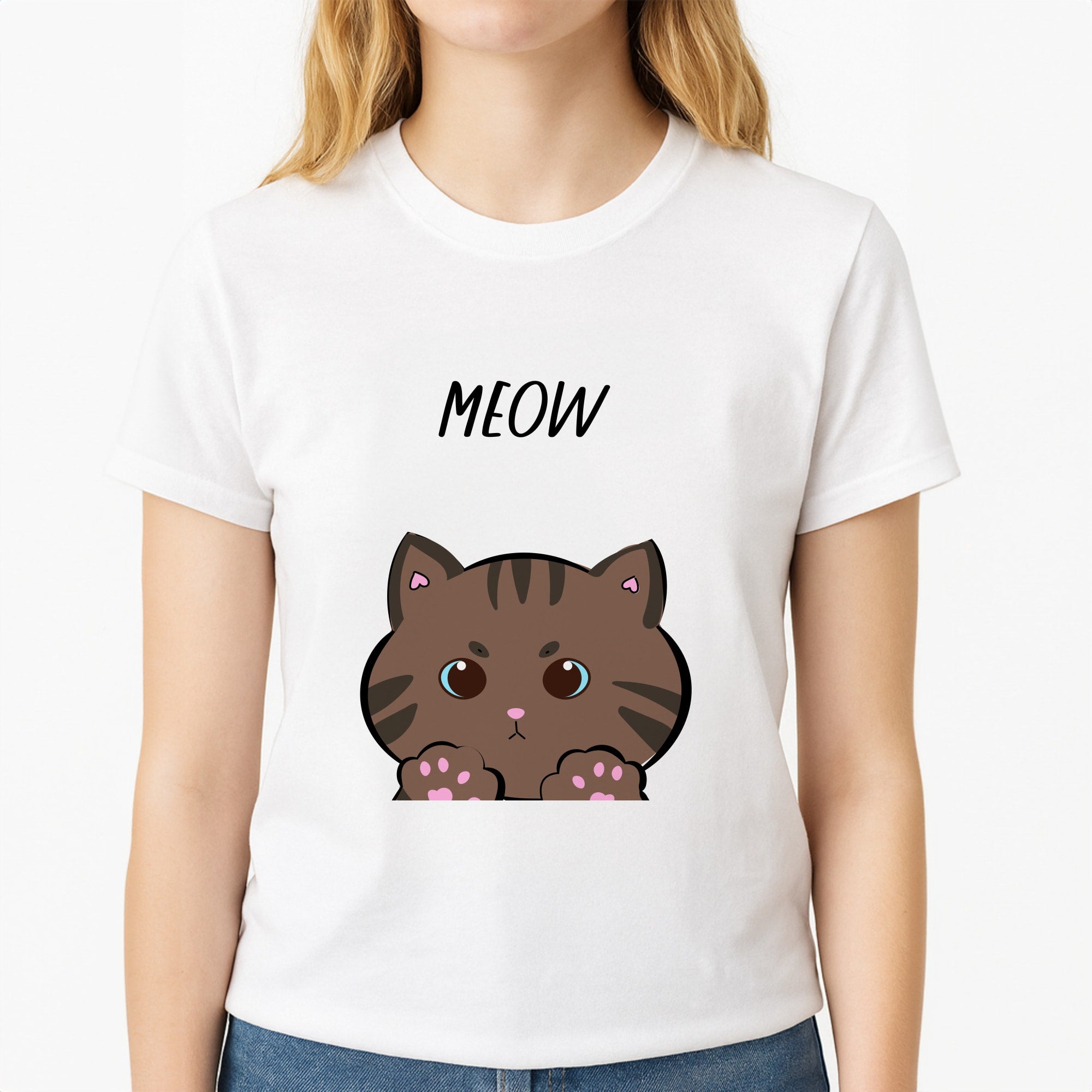 Meow Purple - Cats Unisex T-Shirt, worn by a female model