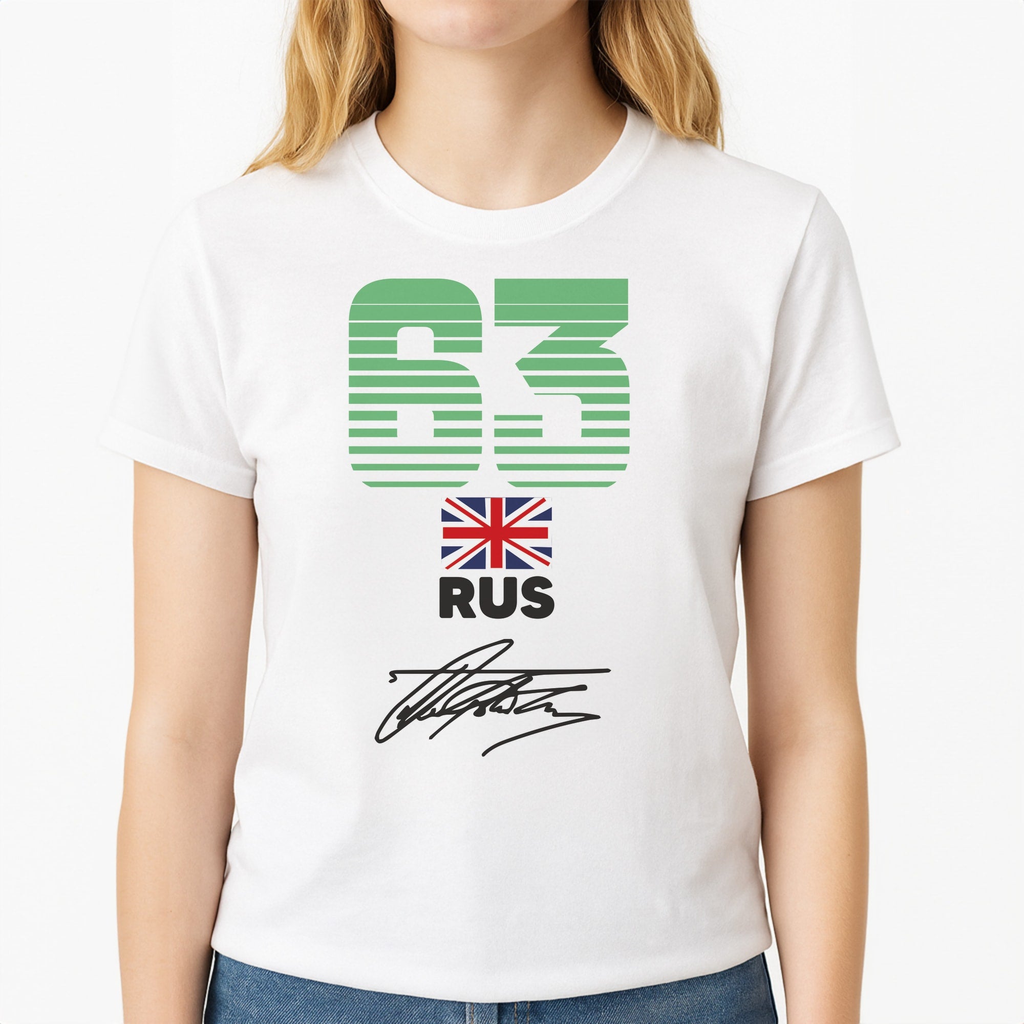 George Russel - F1 Unisex T-Shirt, worn by a female model