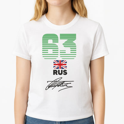 George Russel - F1 Unisex T-Shirt, worn by a female model