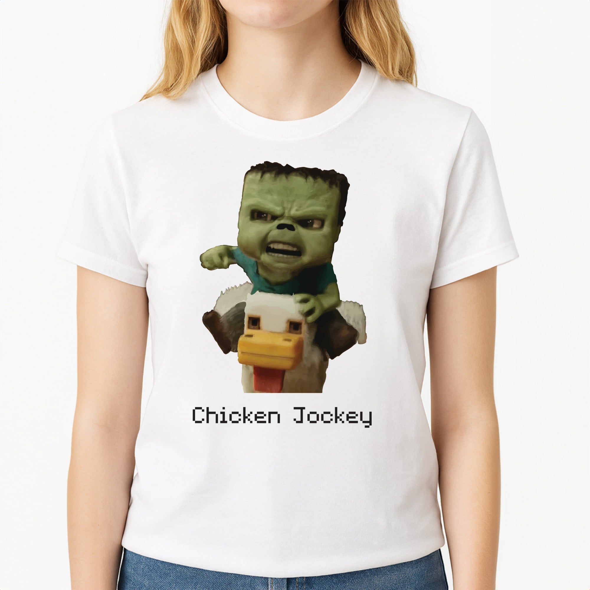 Chicken Jockey  Unisex T-Shirt, worn by a female model