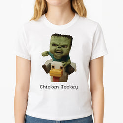 Chicken Jockey  Unisex T-Shirt, worn by a female model
