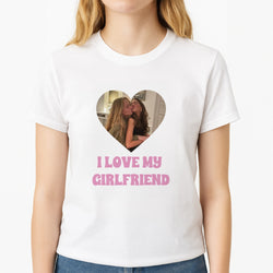 I Love My Girlfriend - Personalised Couples Unisex T-Shirt, worn by a female model
