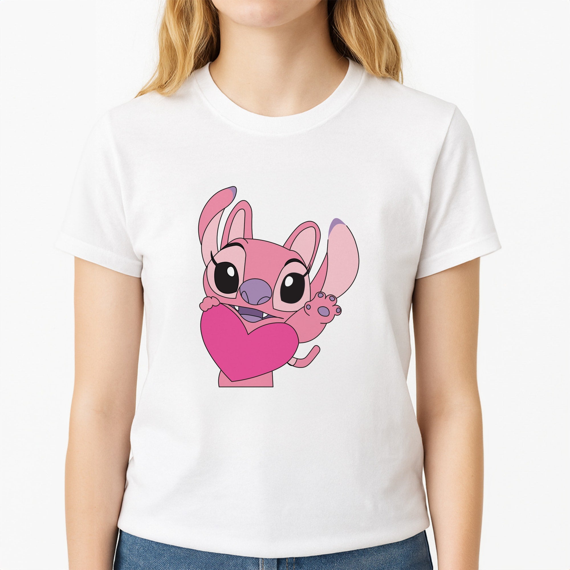 Holding Heart - Pink Alien Unisex T-Shirt, worn by a female model