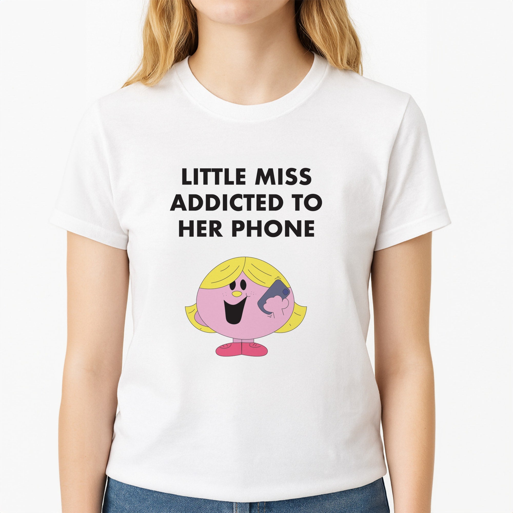 Little Miss Addicted To Her Phone - Aesthetic Quote Unisex T-Shirt, worn by a female model