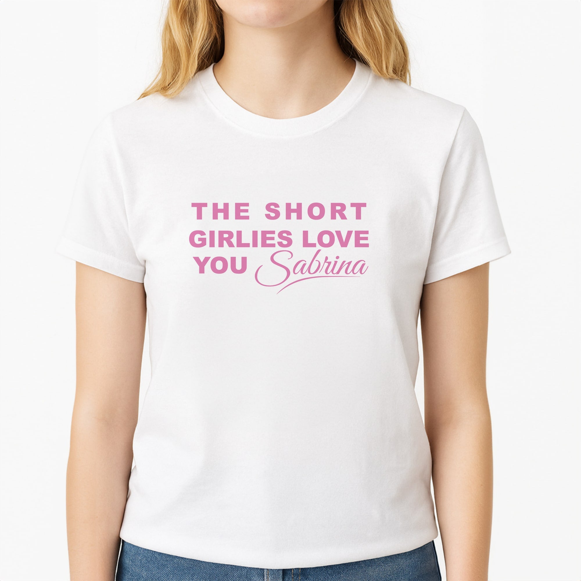 The Short Girlies Love You Sabrina Unisex T-Shirt, worn by a female model