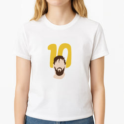 Number 10 - Messi Unisex T-Shirt, worn by a female model