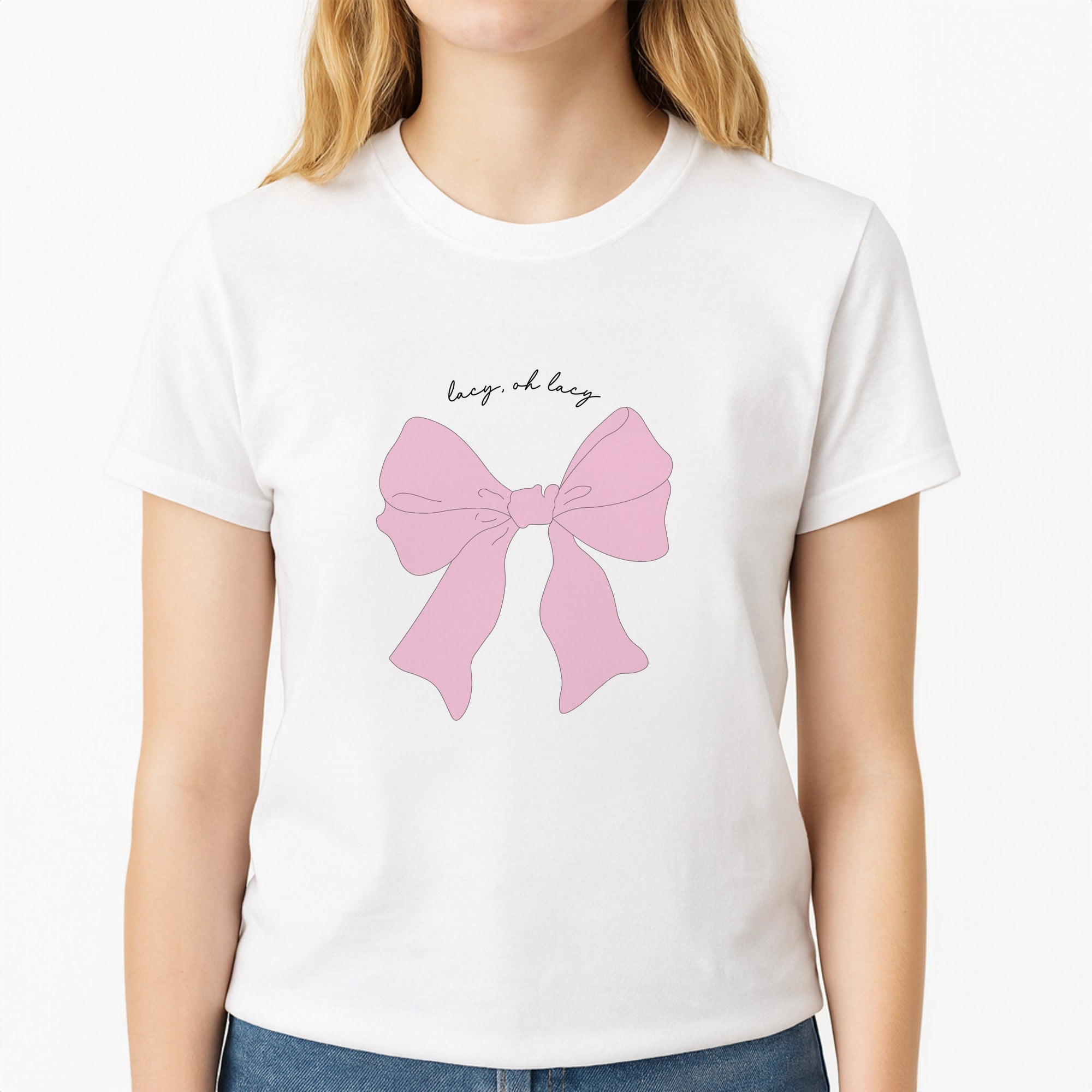Lacy- Olivia Unisex T-Shirt, worn by a female model