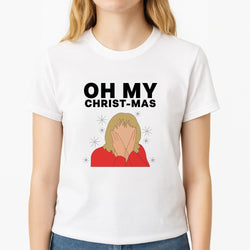 Oh My Christ-Mas Unisex T-Shirt, worn by a female model