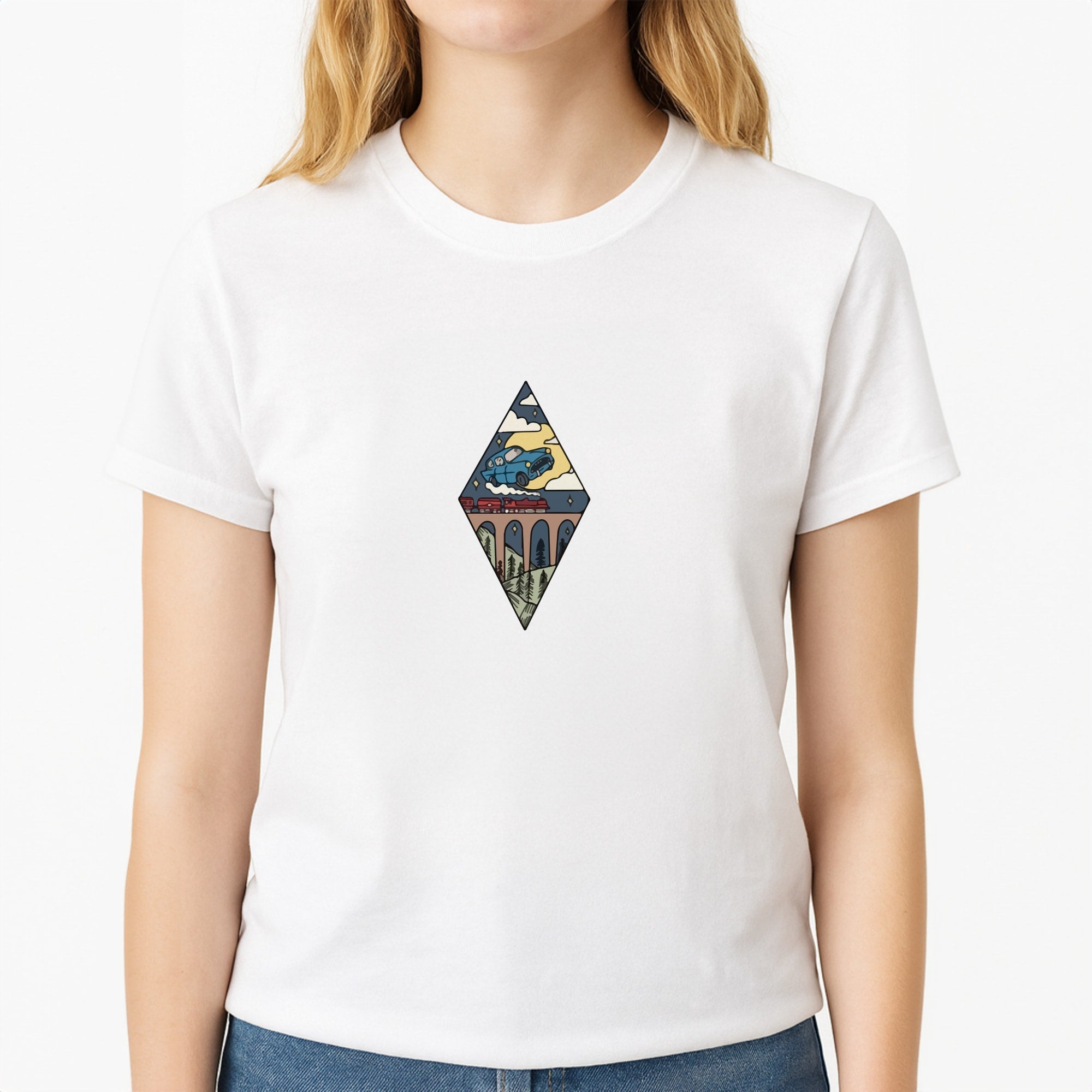 Flying Car Unisex T-Shirt, worn by a female model