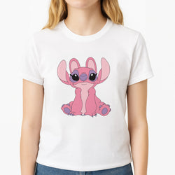 Sitting Down - Pink Alien Unisex T-Shirt, worn by a female model