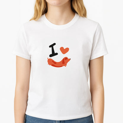 I love Dachshunds Unisex T-Shirt, worn by a female model