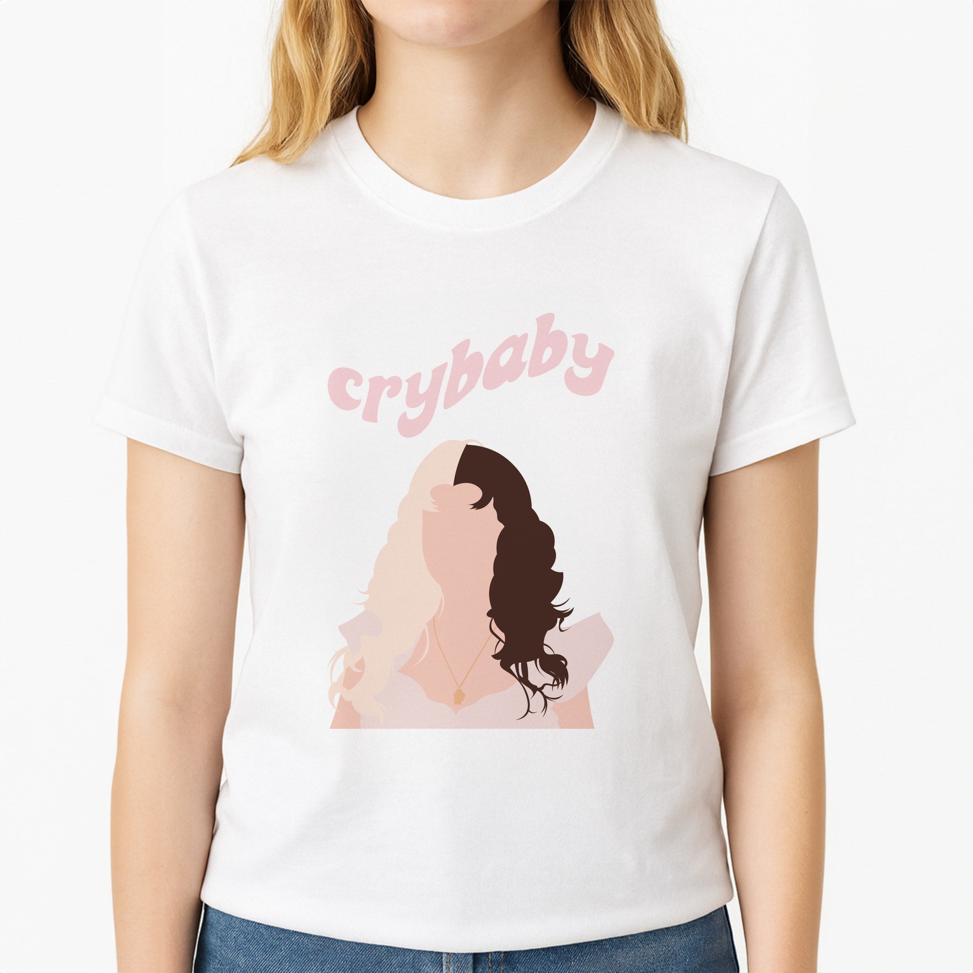 Crybaby Unisex T-Shirt, worn by a female model