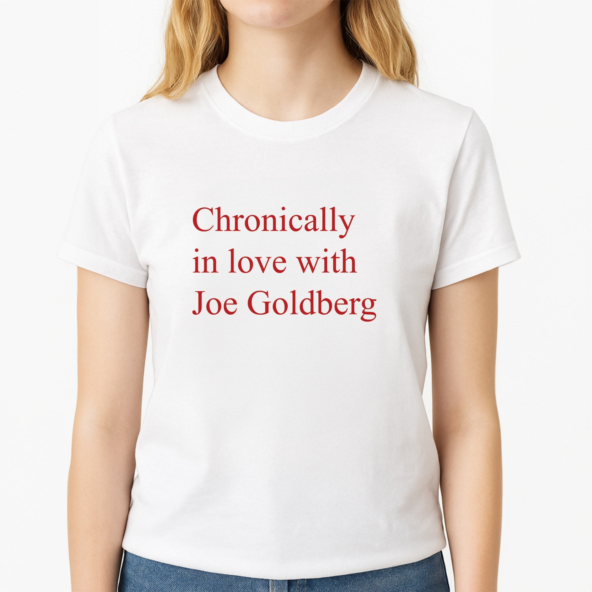 Chronically In Love With Joe Unisex T-Shirt, worn by a female model