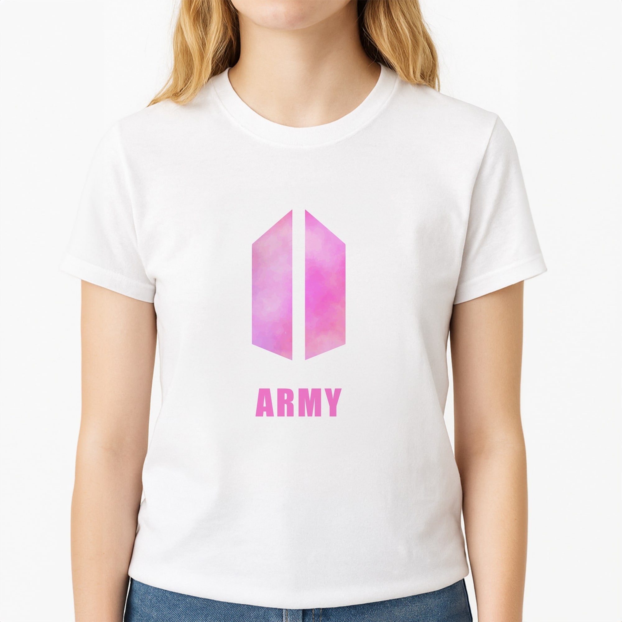 BTS Army Pink - K Pop Unisex T-Shirt, worn by a female model