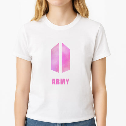 BTS Army Pink - K Pop Unisex T-Shirt, worn by a female model