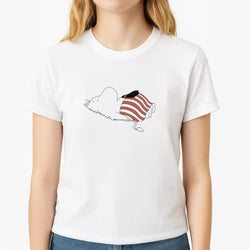 Moom On Grass Unisex T-Shirt, worn by a female model