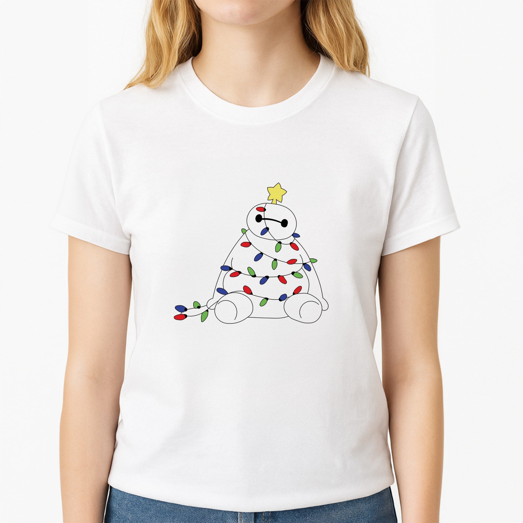 Baymax Christmas Unisex T-Shirt, worn by a female model