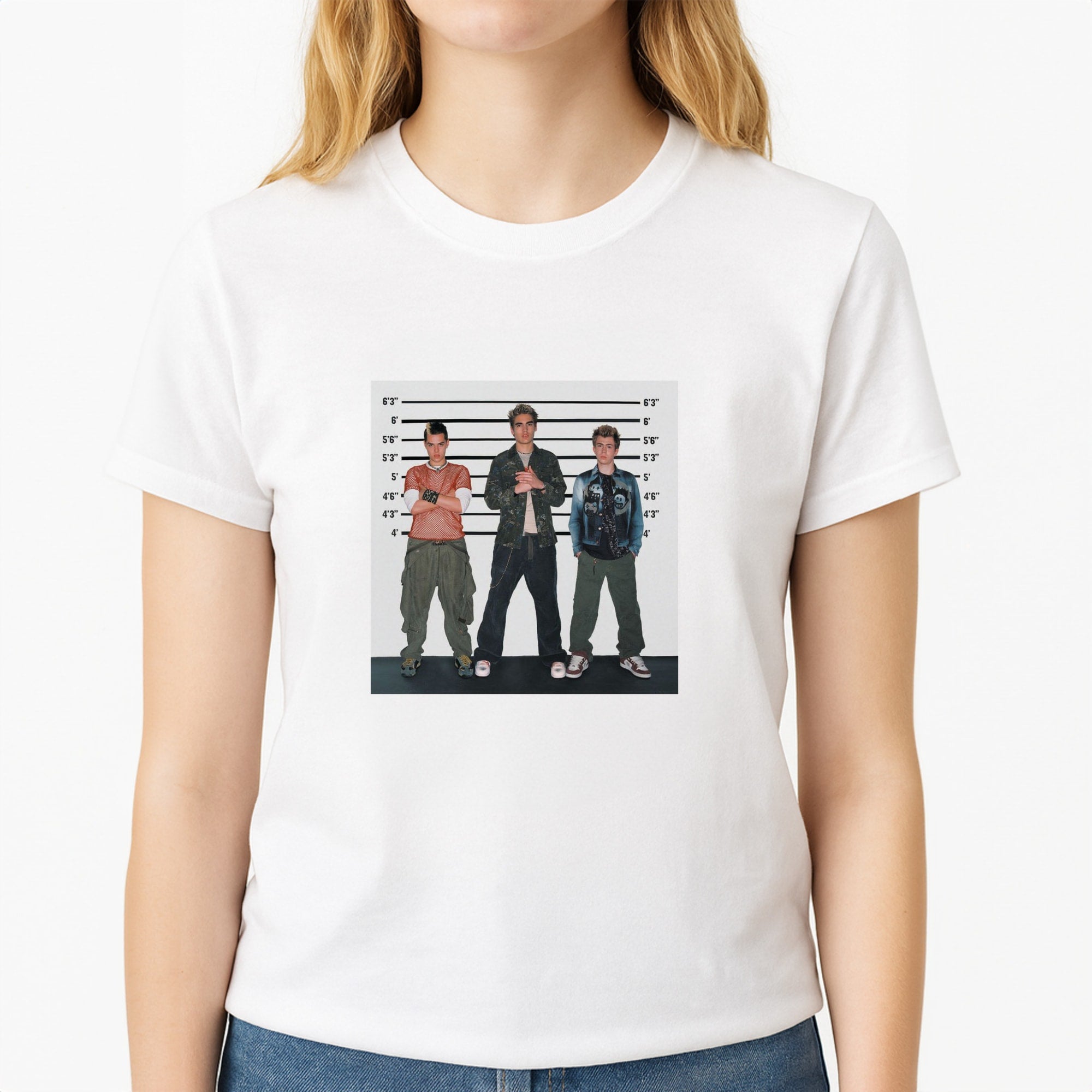 Height Chart - Bust Band Unisex T-Shirt, worn by a female model