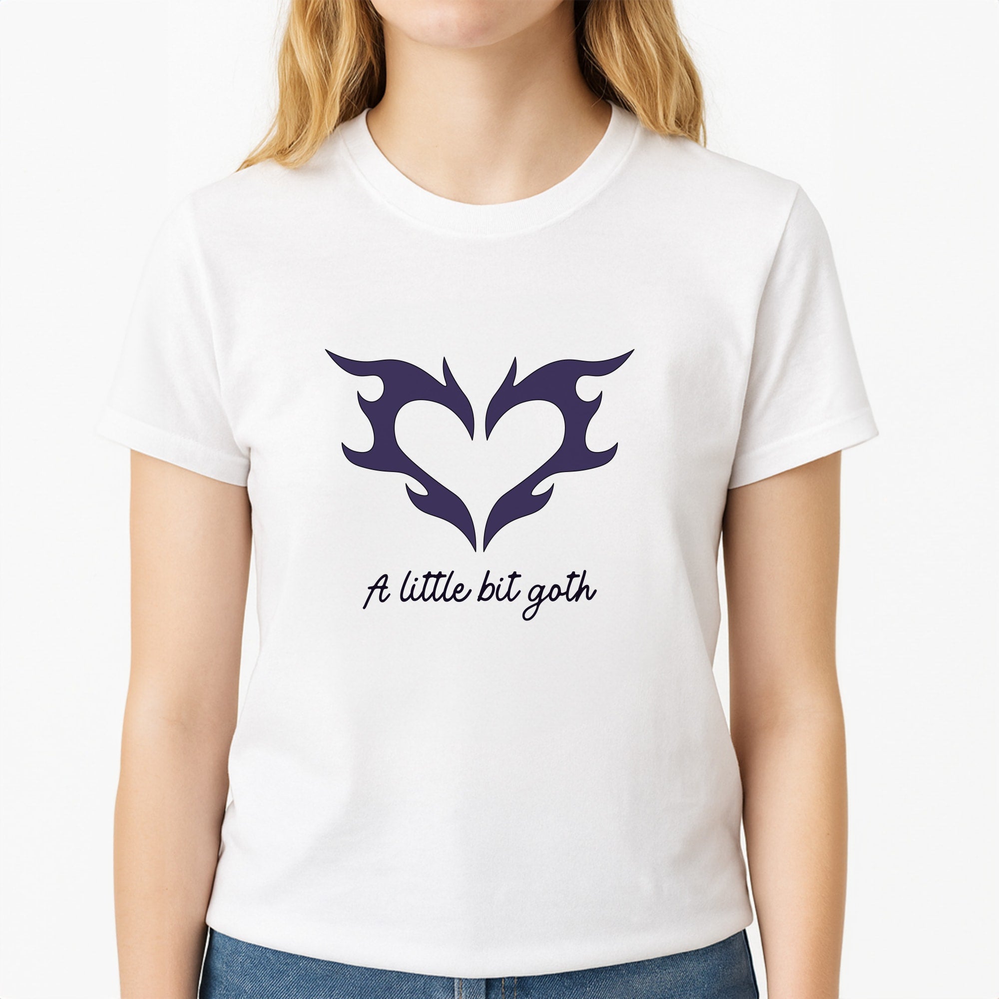 A Little Bit Goth Purple Unisex T-Shirt, worn by a female model