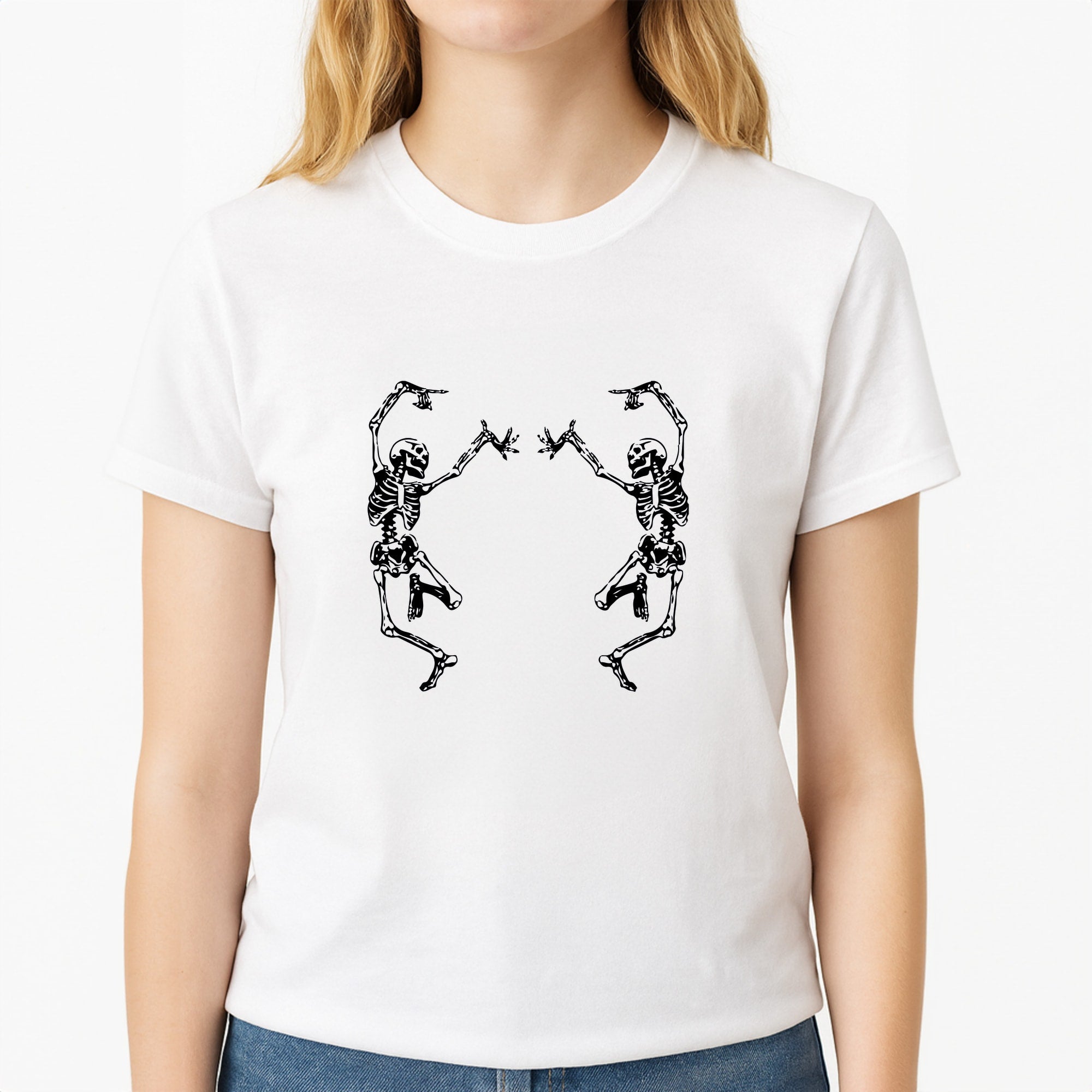Dancing Skeletons - Halloween Unisex T-Shirt, worn by a female model