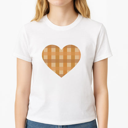 Orange Plaid Pattern- Autumn Unisex T-Shirt, worn by a female model
