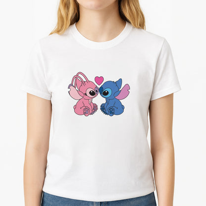 Angel And Blue Alien - Pink Alien Unisex T-Shirt, worn by a female model