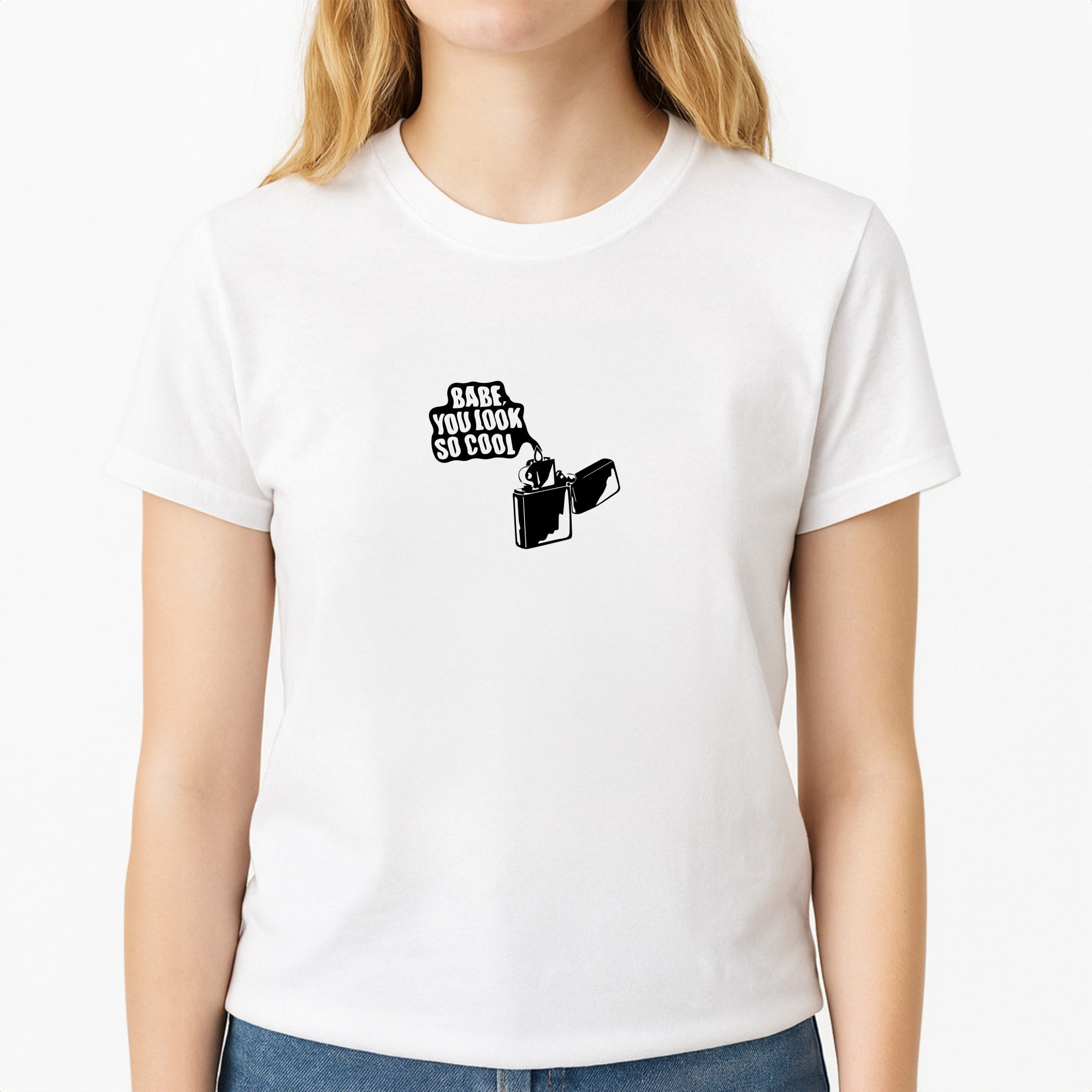 Babe, You Look So Cool - 1975 Unisex T-Shirt, worn by a female model