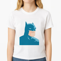 Blue Bat Superhero Unisex T-Shirt, worn by a female model