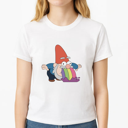 Garden Gnome Rainbow Unisex T-Shirt, worn by a female model