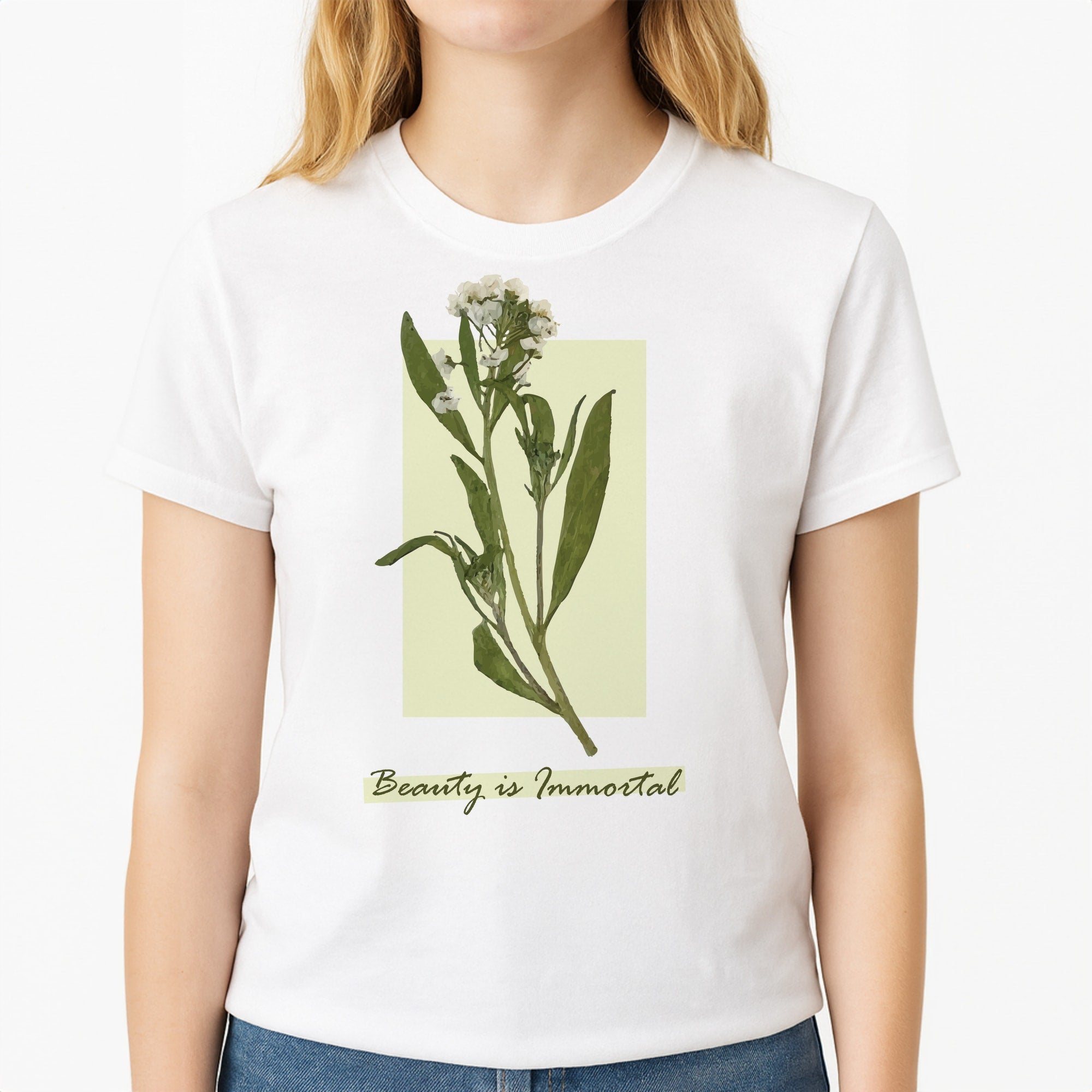 Beauty Is Immortal Press Flower Unisex T-Shirt, worn by a female model