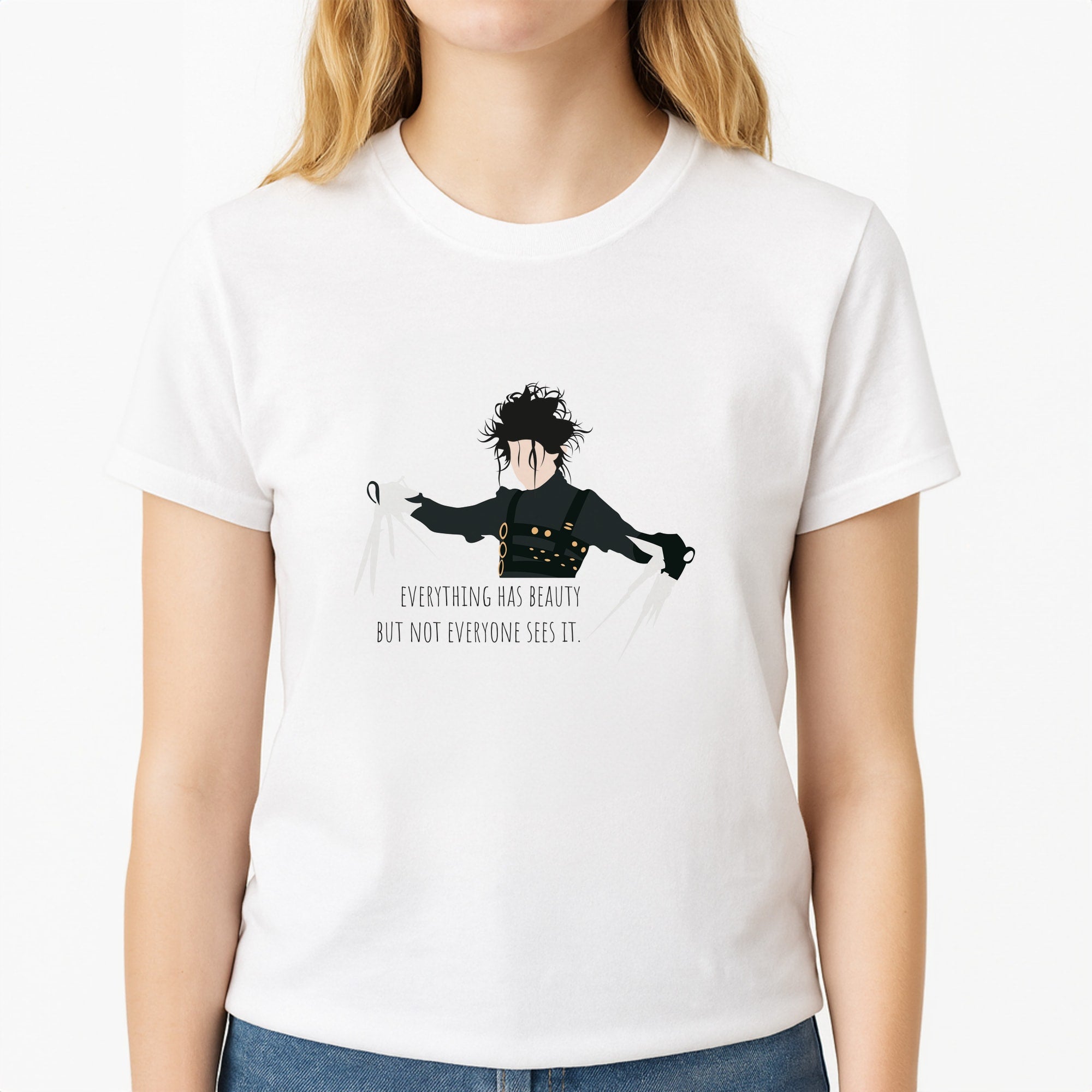 Everything Has Beauty - Scissorhands Unisex T-Shirt, worn by a female model