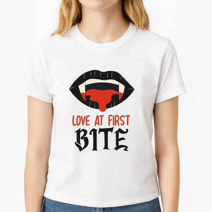 Love At First Bite - VD Unisex T-Shirt, worn by a female model