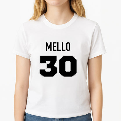 Mello 30  Unisex T-Shirt, worn by a female model