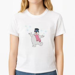 Frosty - Snowman Unisex T-Shirt, worn by a female model