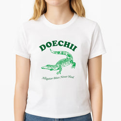 Alligator Bites Never Heal Collage Unisex T-Shirt, worn by a female model