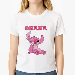 Pink Alien Ohana Unisex T-Shirt, worn by a female model