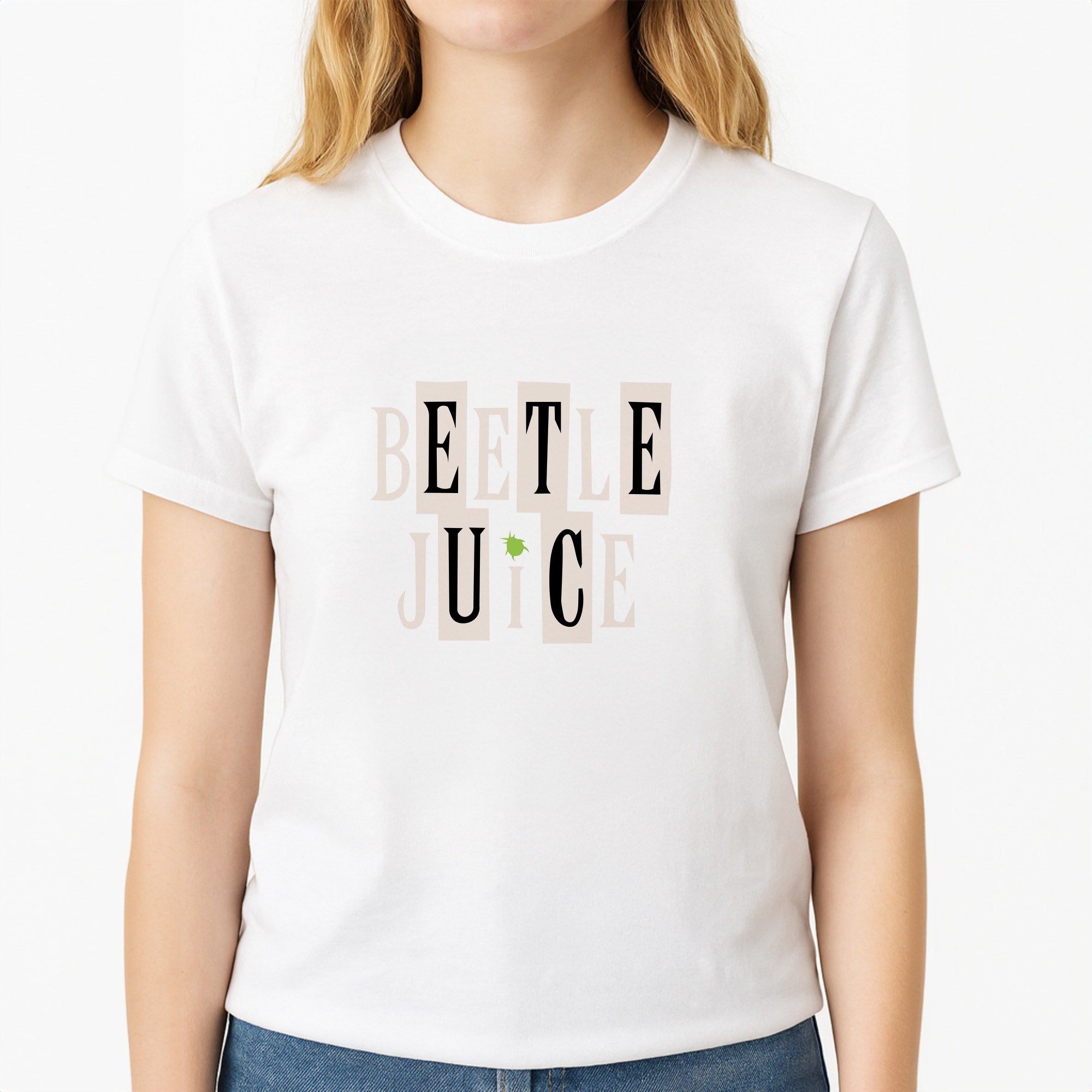 Text - Beetle Halloween Unisex T-Shirt, worn by a female model