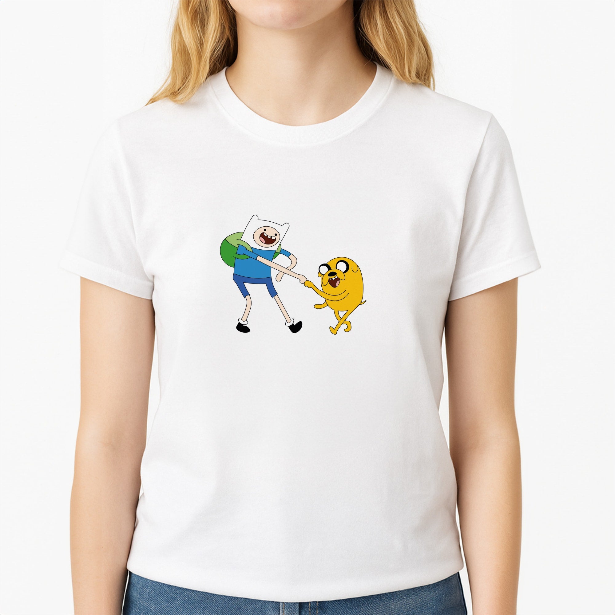 Jake The Dog And Finn The Human Unisex T-Shirt, worn by a female model