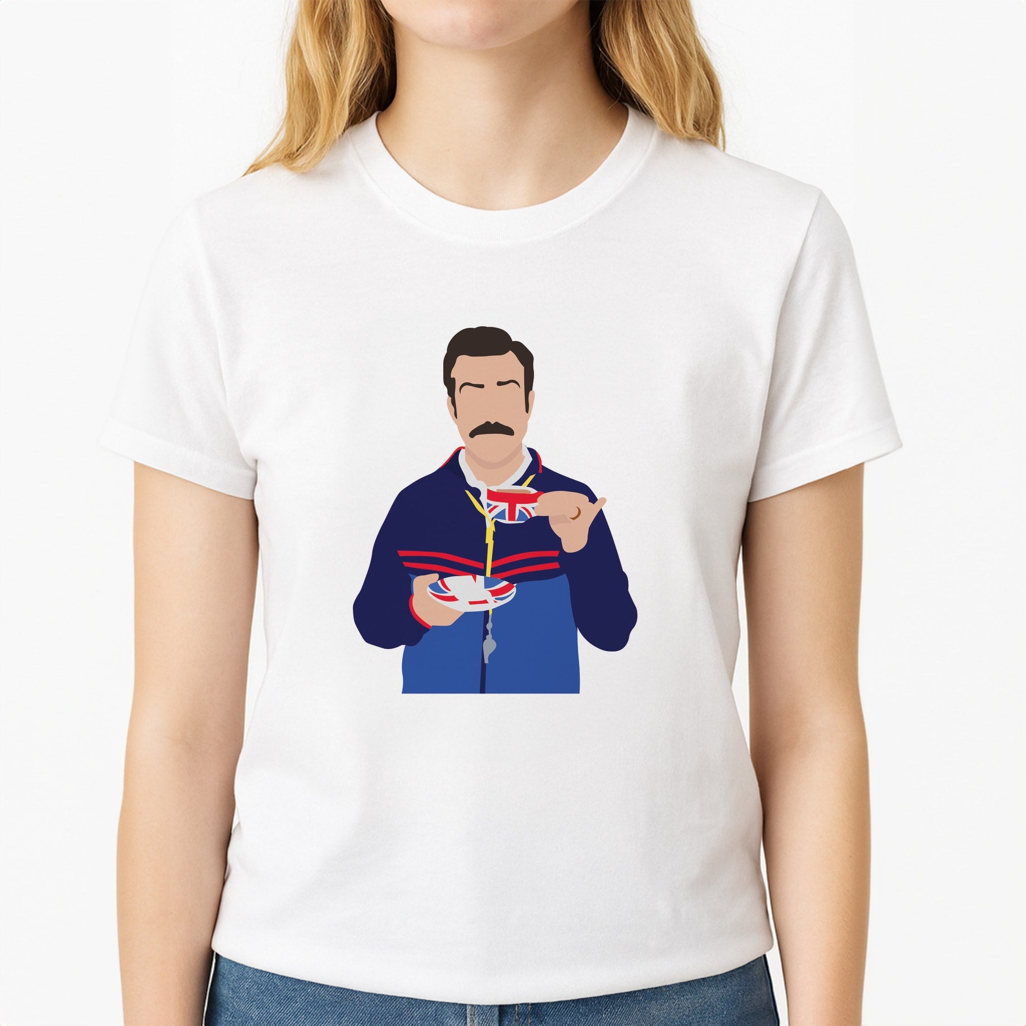 Ted Drinking Tea Unisex T-Shirt, worn by a female model