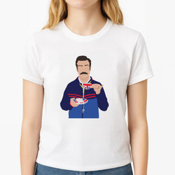 Ted Drinking Tea Unisex T-Shirt, worn by a female model