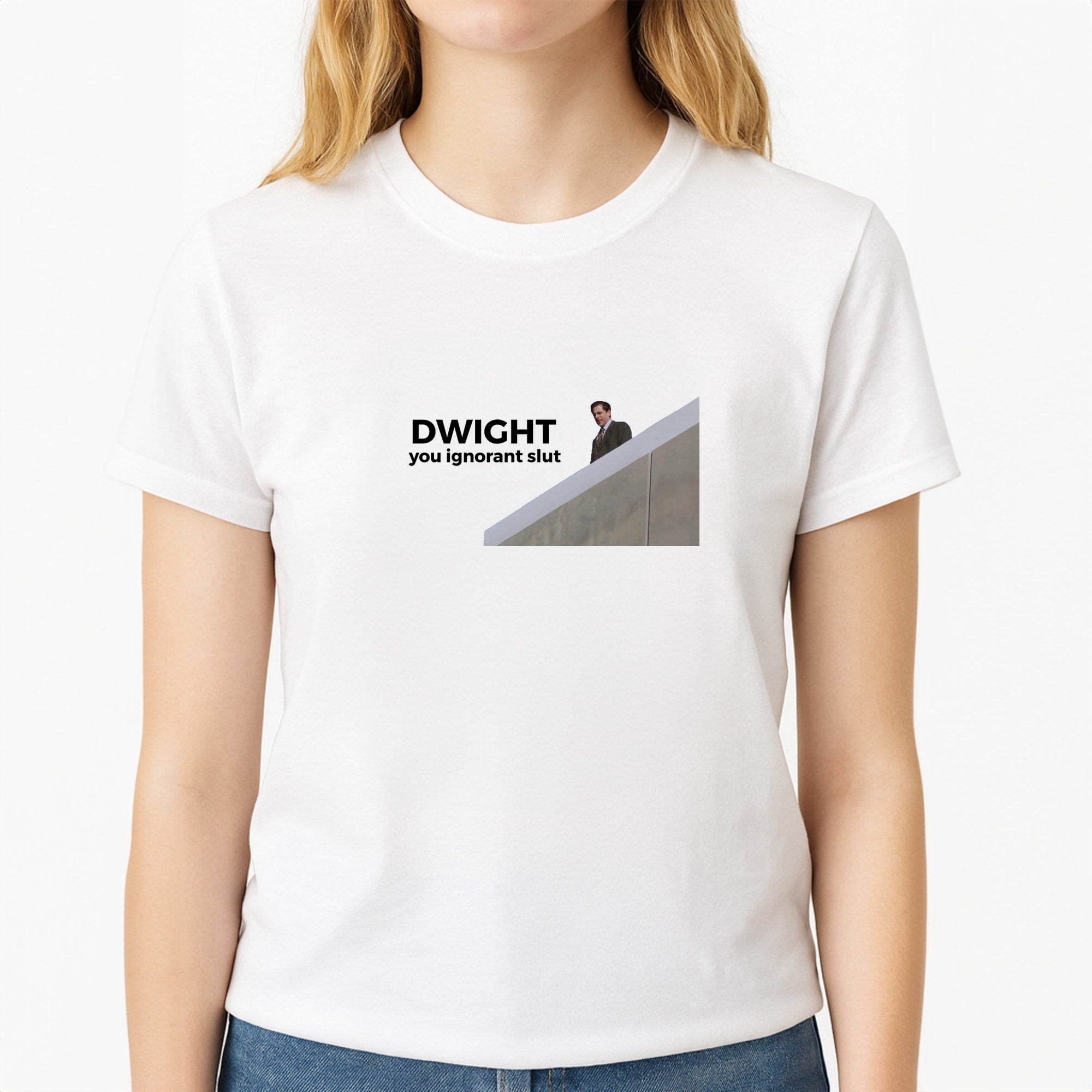 Dwight, You Ignorant Slut Unisex T-Shirt, worn by a female model