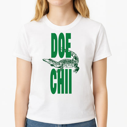 Rapper Alligator Print Unisex T-Shirt, worn by a female model