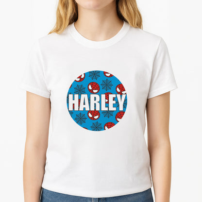 Spiderman And Webs - Personalised Superhero Comic Unisex T-Shirt, worn by a female model