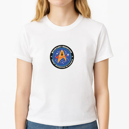 Starfleet command Unisex T-Shirt, worn by a female model