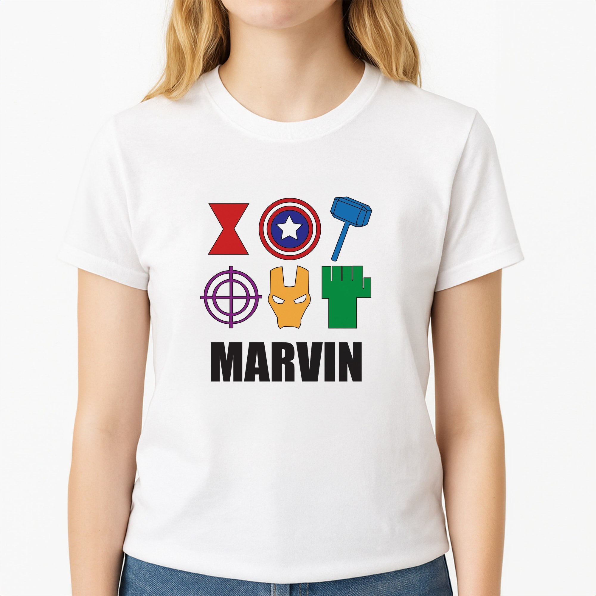 Icon Pattern - Personalised Superhero Comic Unisex T-Shirt, worn by a female model