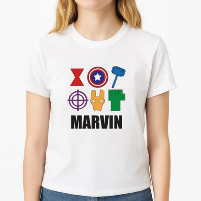 Icon Pattern - Personalised Superhero Comic Unisex T-Shirt, worn by a female model