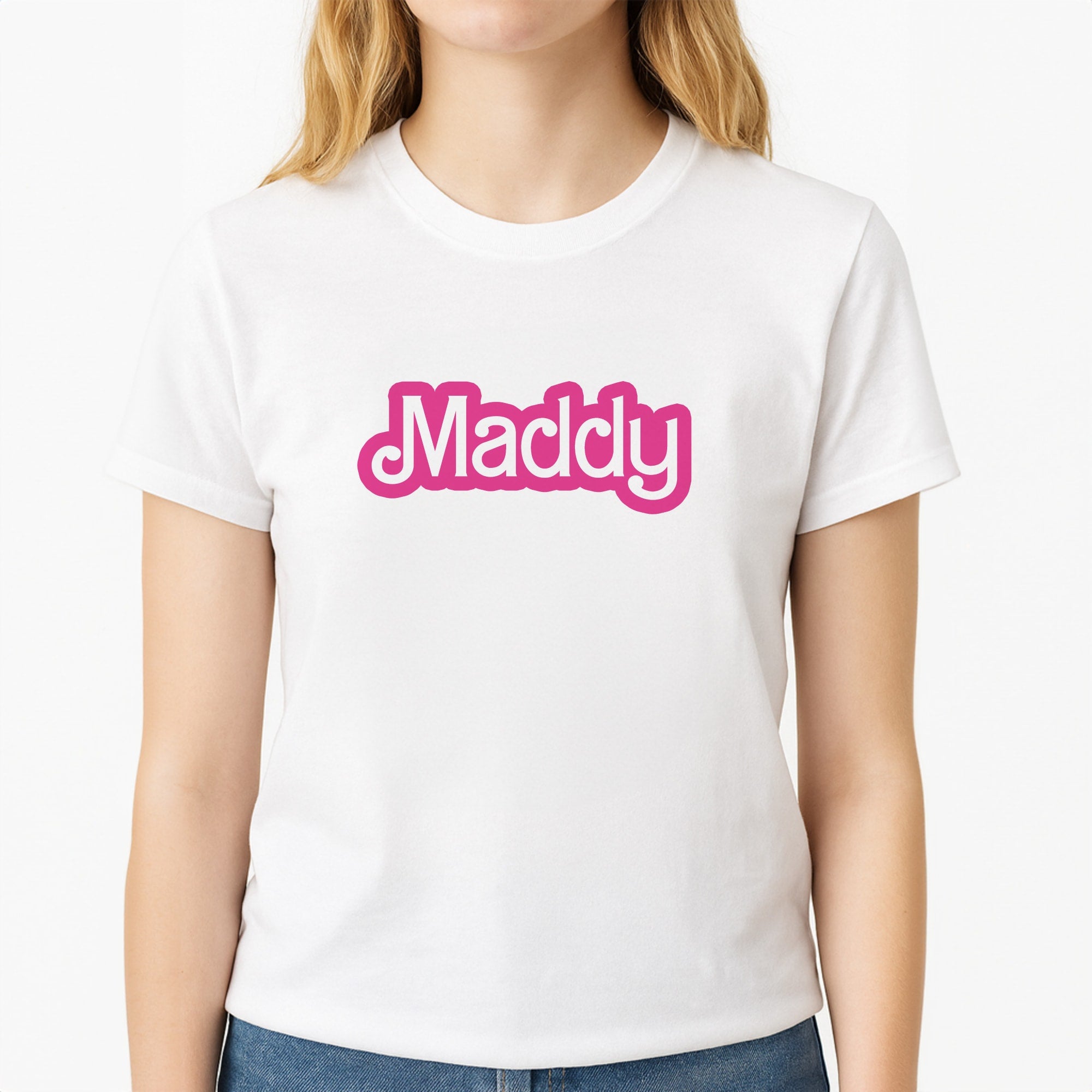 Personalised Doll Unisex T-Shirt, worn by a female model