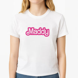 Personalised Doll Unisex T-Shirt, worn by a female model